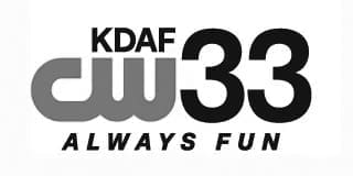 kdaf-cw33-always-fun-tv-station-logo-tight-dallas. The KDAF CW33 "Always Fun" television station logo in grayscale.