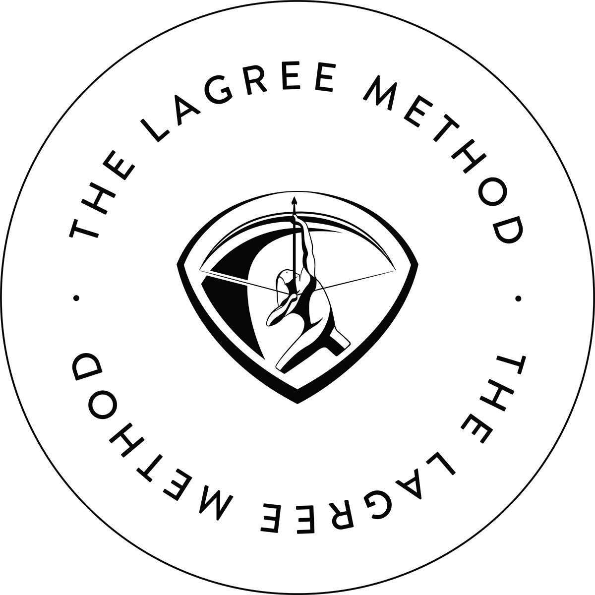 the-lagree-method-circular-badge-logo-tight-dallas. The Lagree Method circular logo featuring a figure performing a Megaformer exercise inside a shield emblem, with the brand name repeating around the circle.