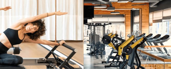Woman stretching on reformer machine next to modern gym equipment